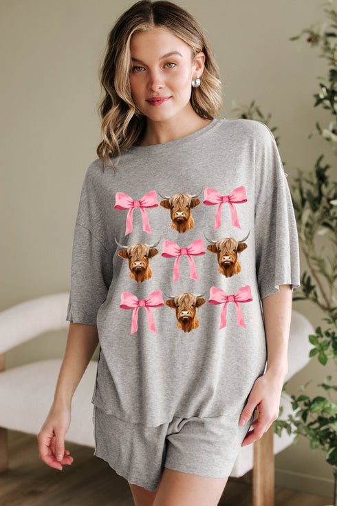 Ranch Ready Cow Print Bow Graphic Tee Comfy Shorts Set